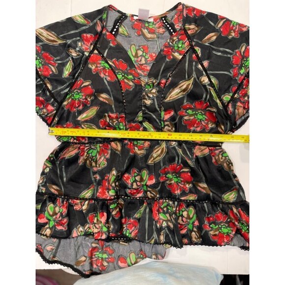ESLEY Boho Casual‎ Cinch-Waist Floral Top Large Black Multicolor Hi-Lo Baby-Doll - Picture 12 of 13